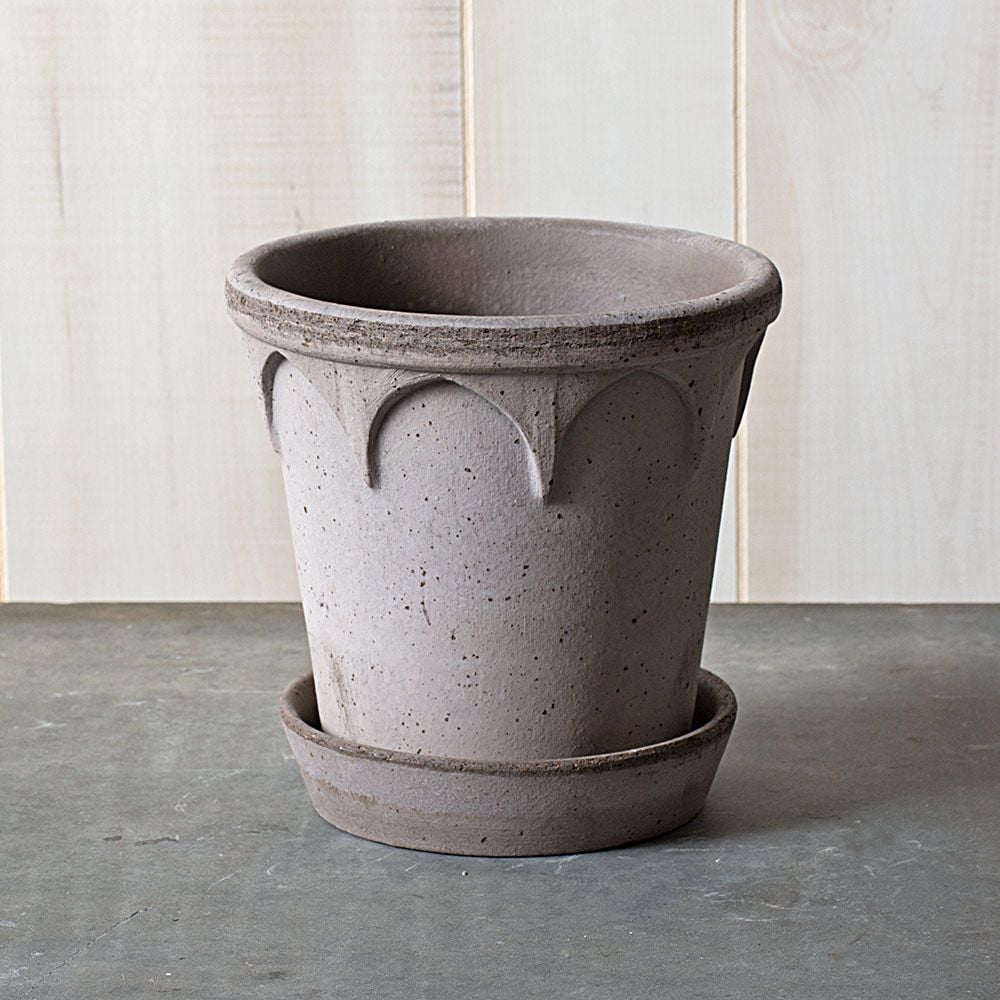 Gray Cathedral Pot And Saucer, 6½" Wide